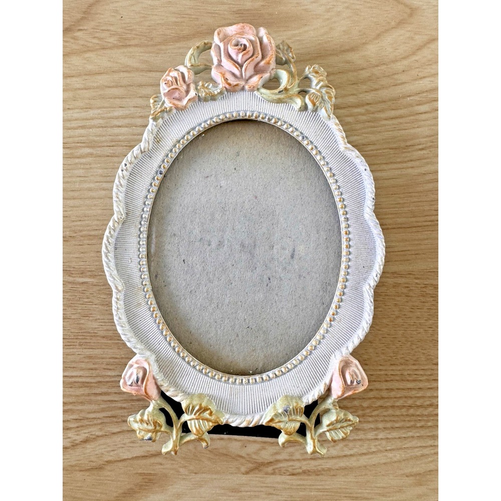 Vintage Oval Metal Picture Frame Pink Roses Floral Shabby Chic Cottagecore